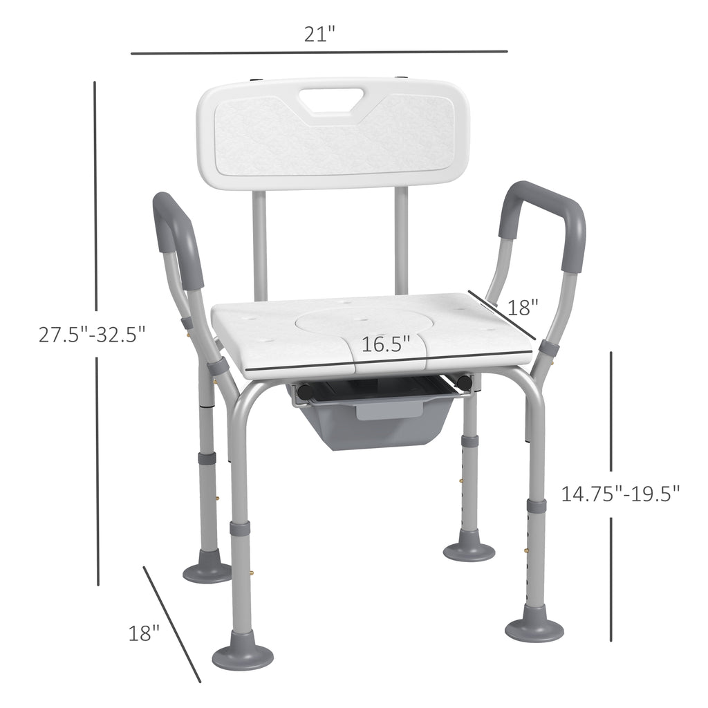 3-in-1 Shower Chair with Back and Arms, Height Adjustable Bedside Commode, Raised Toilet Seat with Non-Slip Rubber Foot Pad for Seniors, Disabled, White