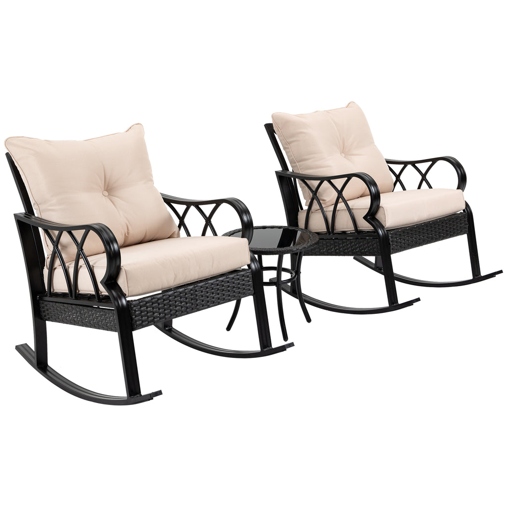 3-Piece Rocking Chair Bistro Set, Wicker Conversation Set, Patio Rattan Furniture Set with Tempered Glass Side Table for Backyard, Khaki
