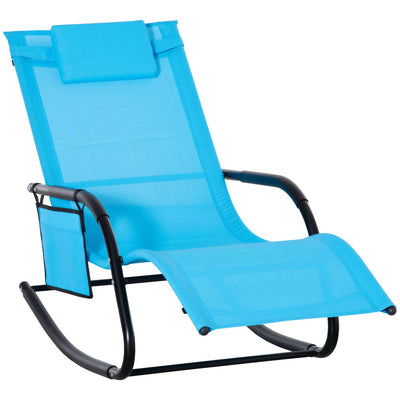 Outdoor Rocking Chair, Patio Sling Sun Lounger, Pocket, Recliner Rocker, Lounge Chair with Detachable Pillow for Deck, Garden or Pool, Blue