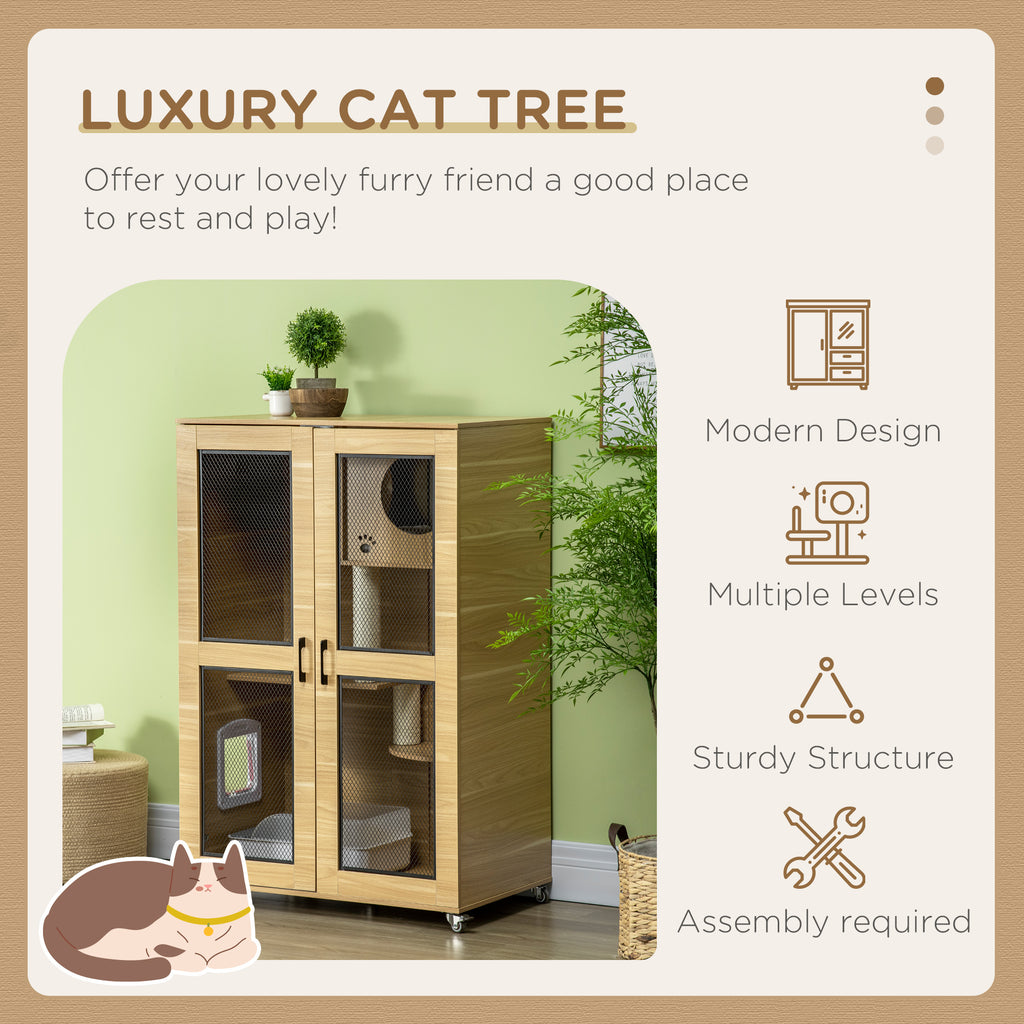 Cat House with Cat Tree Inside, Kitty Cage with Scratching Posts, Condo, Pet Enclosure with Lockable Wheels, Flap Door, Cushion, Oak