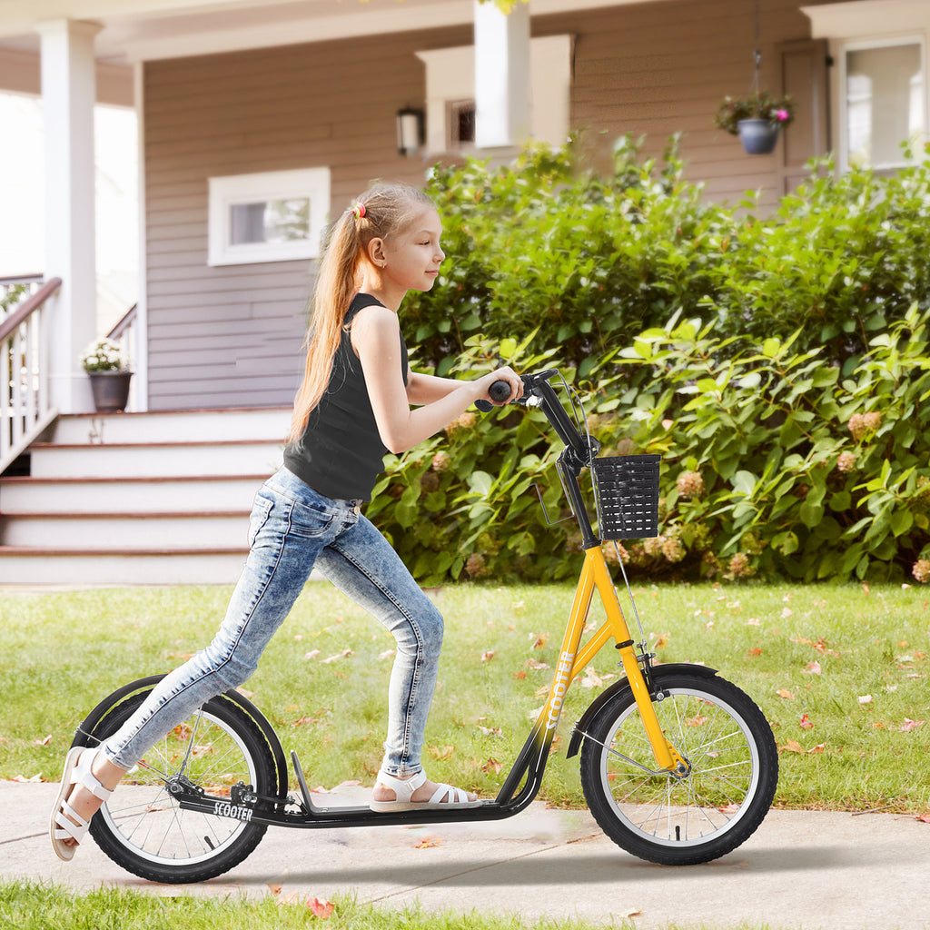 Youth Scooter, Kick Scooter with Adjustable Handlebars, Double Brakes, 16" Inflatable Rubber Tires, Basket, Cupholder, Mudguard Ages 5-12 years old, Orange
