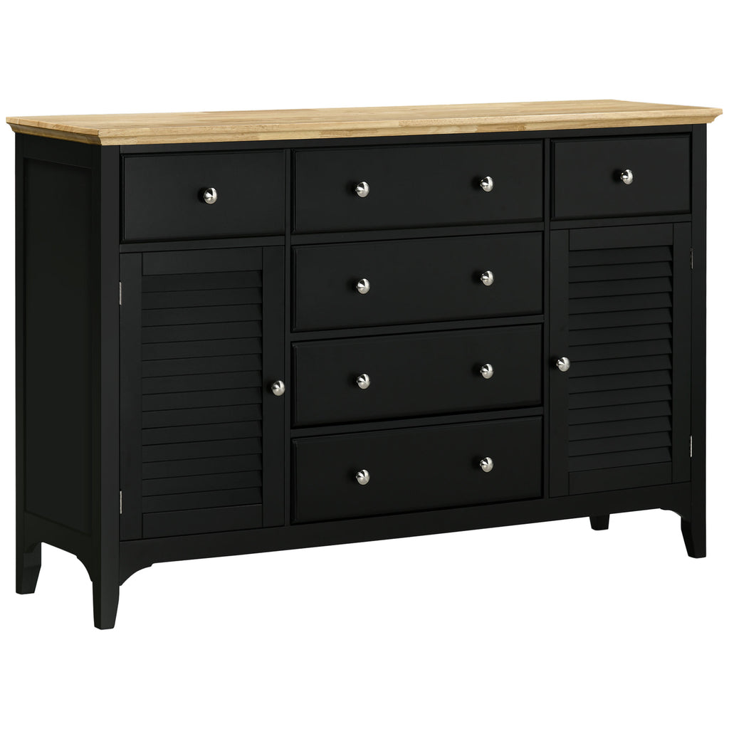 Modern Sideboard with Drawers, Buffet Cabinet with Storage Cabinets, Rubberwood Top and Adjustable Shelves for Living Room, Kitchen, Black
