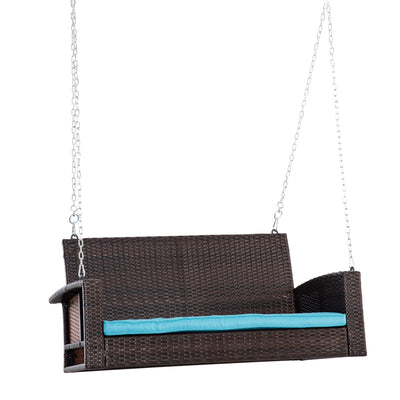 2-Person Wicker Hanging Porch Swing Bench, Front Porch Swing Outdoor Chair with Cushions 550lbs Weight Capacity for Backyard, Sky Blue