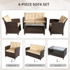 4-piece Outdoor Patio Rattan Furniture Set with 2 Chairs  1 Double Couch  & a Coffee Table & Cushions  Brown