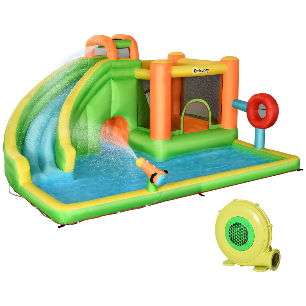 7-in-1 Inflatable Water Slide, Kids Castle Bounce House Includes Slide, trampoline, Pool, Water Gun, Ball-target, Boxing Post, Tunnel with Carry Bag, Repair Patches, 750W Air Blower
